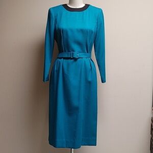 NWOT'S VTG Henry-Lee 80s Turquoise & Black Long Sleeve Office Dress Size 6